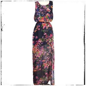 W118 Walter Baker Abstract Floral Sheer Skirt Maxi Dress Size Large